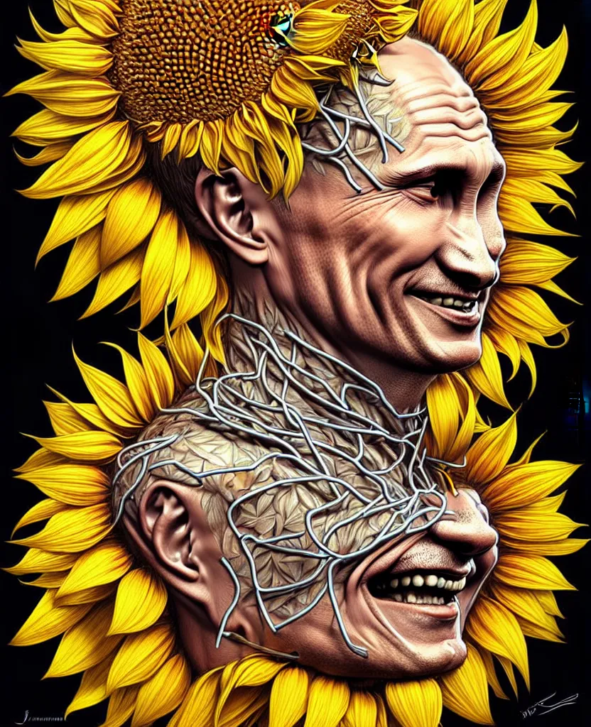 Image similar to digital art, centered full body of Putin smiling king, Sunflower crown, ,intricate, veins, by James Jean and by artgerm , by ross tran ultradetailed, charachter design, concept art, trending on artstation,