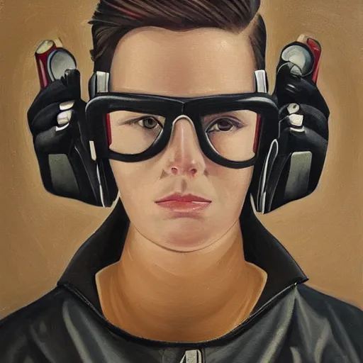 Image similar to square - jawed emotionless serious blonde woman starship engineer, tribal tattoos, handsome, short slicked - back hair, uncomfortable and anxious, looking distracted and awkward, wearing victorian dark goggles, flight suit and gloves, highly detailed, oil painting