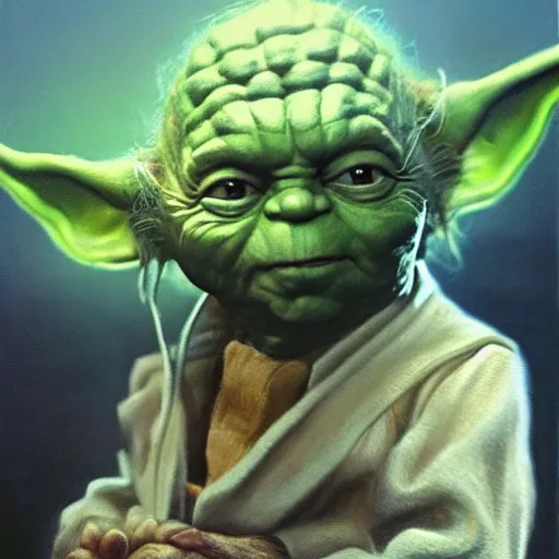 Image similar to ultra realistic portrait painting oftommy lee jones as yoda, art by frank frazetta, 4 k, ultra realistic, highly detailed, epic lighting