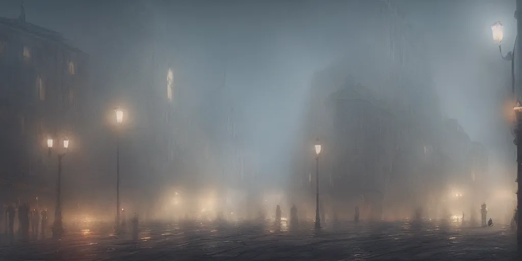 Prompt: a thick swirling fog obscuring a parade, soft lighting, night, unreal engine, digital art, 8 k, oil painting, fantasy art, illustration, detailed and intricate environment