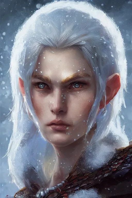 Image similar to dungeons and dragons snow elf character closeup portrait, dramatic light, dungeon background, 2 0 0 mm focal length, painted by stanley lau, painted by greg rutkowski, painted by stanley artgerm, brom, digital art, trending on artstation