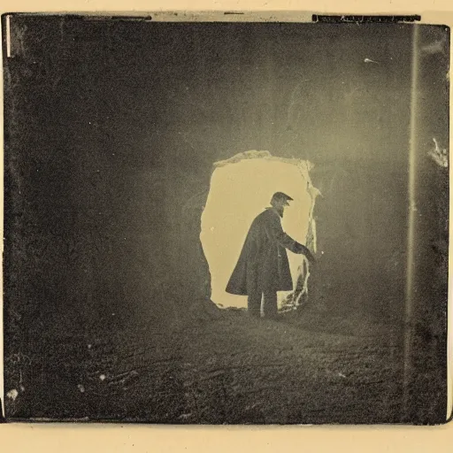 Prompt: 1 8 2 0's photo from distance of a man opening a portal to another dimension at night, moody, dark, damage