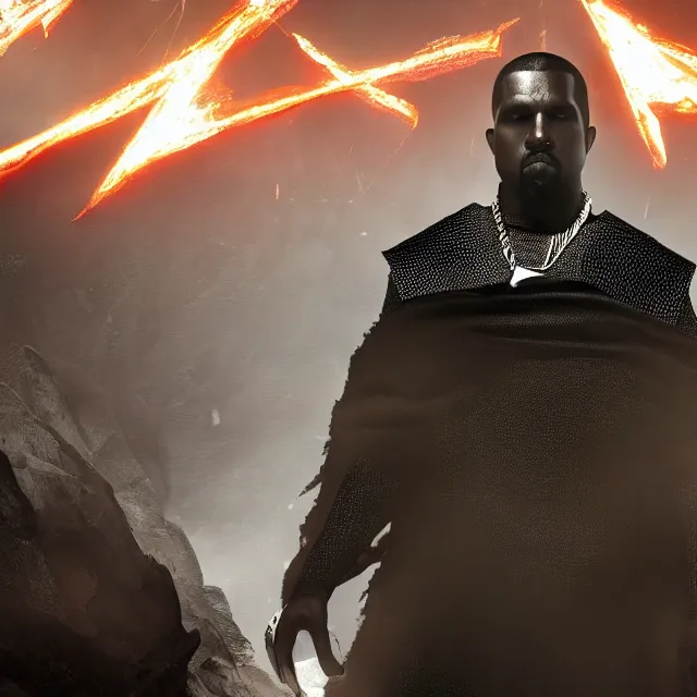 Prompt: yeezus era kanye reimagined as a boss in dark souls, dark cinematic, volumetric, realistic, cinematic lighting, ray tracing, unreal engine 5, unreal engine render, octane render, hyper realistic, photo, 8 k