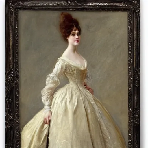 Image similar to young victorian lady shopping for ball gowns, painted by alfred stevens