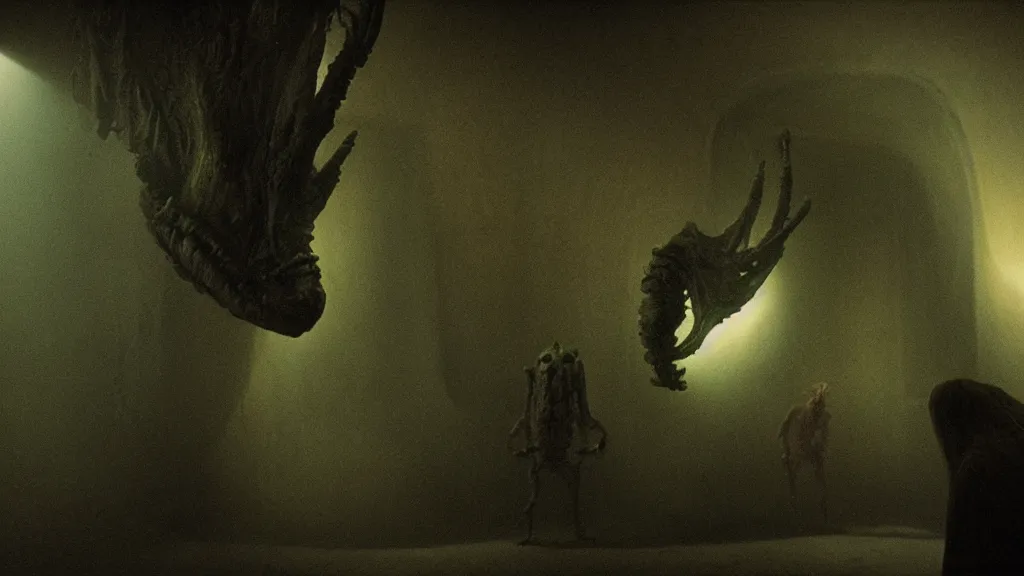 Image similar to the creature at the movie theatre, film still from the movie directed by denis villeneuve and david cronenberg with art direction by salvador dali and zdzisław beksinski