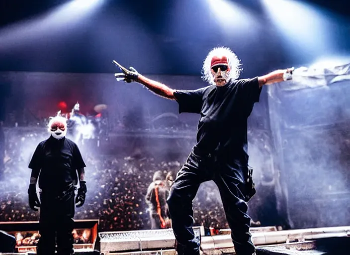 Image similar to publicity photo still of larry david touring with slipknot live on stage, 8 k, live concert lighting, mid shot