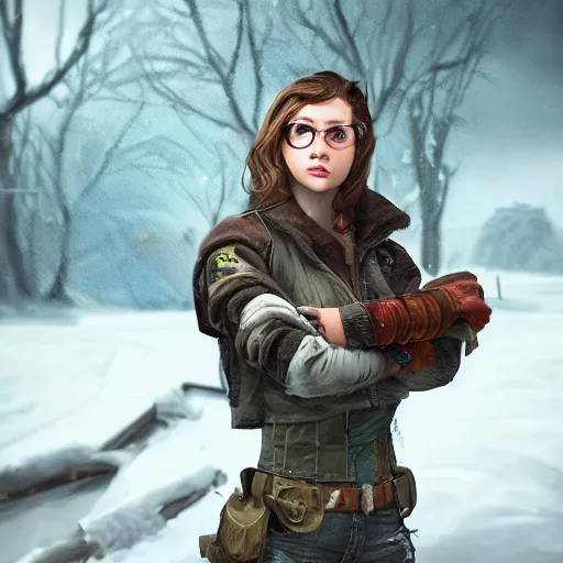 Prompt: A comic book style portrait painting of a stunning young woman ranger in a post apocalyptic winter landscape, unreal 5, DAZ, hyperrealistic, octane render, RPG portrait, ambient light, dynamic lighting