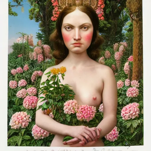 Prompt: an 3 d rendering of the goddess of women from a wes anderson film looking at the camera surrounded by lush flowers mark ryden, realism