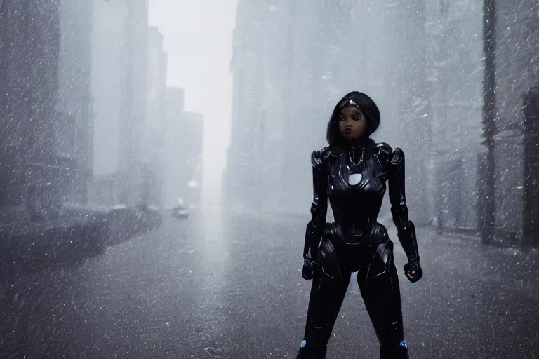 Image similar to vfx marvel sci-fi woman black super hero robot photo real full body action pose, city street cinematic lighting, rain and fog by Emmanuel Lubezki