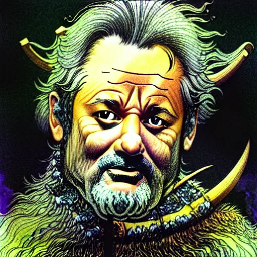 Prompt: a realistic and atmospheric high fantasy closeup portrait of bill murray as a mystical druidic warrior wizard doing an arcane pagan ritual by rebecca guay, michael kaluta, charles vess and jean moebius giraud