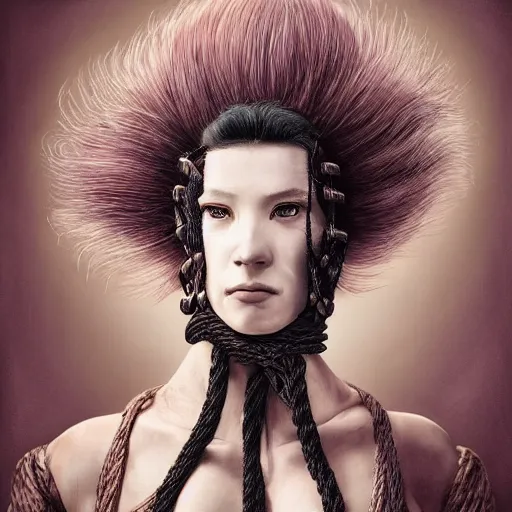 Image similar to portrait of a Shibari rope wrapped face and neck, headshot, insanely nice professional hair style, dramatic hair color, digital painting, of a old 15th century, old cyborg merchant, amber jewels, baroque, ornate clothing, scifi, realistic, hyperdetailed, chiaroscuro, concept art, art by Franz Hals and Jon Foster and Ayami Kojima and Amano and Karol Bak,