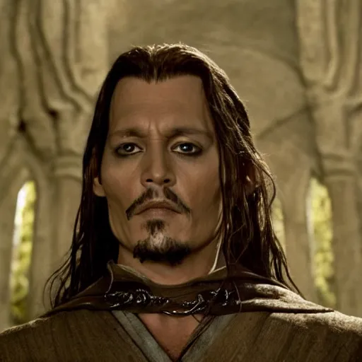 Image similar to symmetry!! photograph of johnny depp starring in the lord of the rings as aragorn, detailed - face!!, wide - angle!!, cinematic, intricate, elegant, highly detailed, film still, nikon, canon eos, zeiss lens, dramatic lighting, sharp - focus!!, photography!!