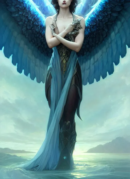 Image similar to a beautiful cinematic female archangel queen, fantasy sea landscape, fantasy magic, short aqua blue black fade hair, dark light night, intricate, elegant, sharp focus, illustration, highly detailed, digital painting, concept art, matte, art by WLOP and Artgerm and Greg Rutkowski and Alphonse Mucha, masterpiece