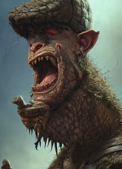 Image similar to highly detailed closeup portrait of an angry medieval goblin, stephen bliss, unreal engine, greg rutkowski, ilya kuvshinov, ross draws, hyung tae and frank frazetta, tom bagshaw, tom whalen, nicoletta ceccoli, mark ryden, earl norem, global illumination, god rays, detailed and intricate environment