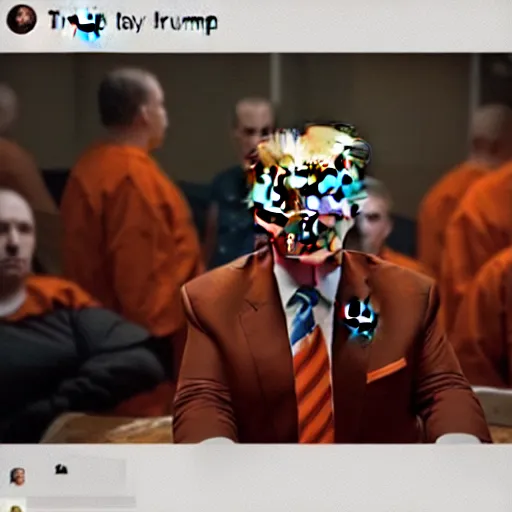 Image similar to “Donald trump sitting at a prison table surrounded by convicts in orange jumpsuits, he looks sad and afraid, realistic, detailed portrait, 4K, octane render”