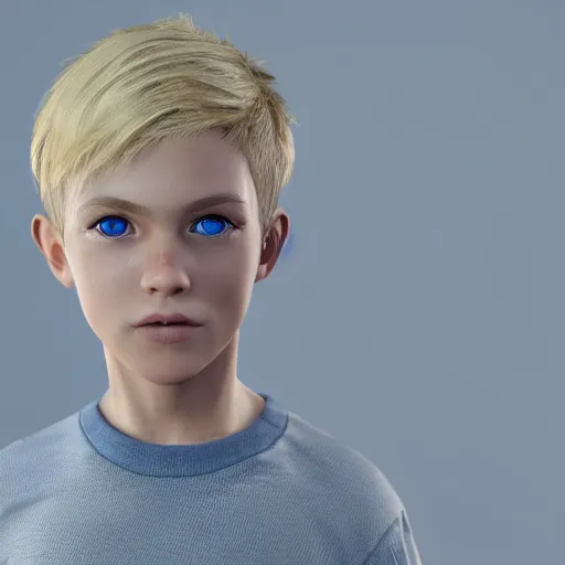 Image similar to a detailed portrait of boy with blonde hair and blue eyes, unreal engine 5 rendered, incredibly highly detailed and realistic, 8 k, sharp focus, studio quality