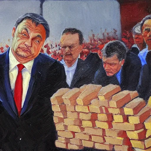 Prompt: viktor orban laying bricks, oil painting