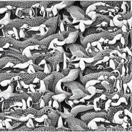 Image similar to a pattern of white wolves transitioning to black geese by mc escher intricate details. goose, geese black, wolves, canine species black, hexagonal pattern, mathematical interlocking, puzzle, screen print, lithography, frameless