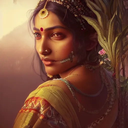 Image similar to south indian woman, sari, ultra realistic, concept art, intricate details, eerie, horror, highly detailed, photorealistic, octane render, 8 k, unreal engine. art by artgerm and greg rutkowski and alphonse mucha