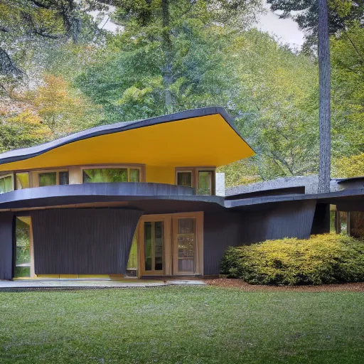 Prompt: architecture ad for a big mid-century modern house in the middle of the wood designed by frank gehry. grain, cinematic, colorized, yellow hue.