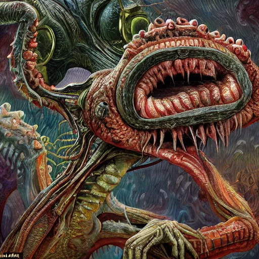 Prompt: a hyper - detailed painting of a deformed alien with various eyes, legs and arms, with skin with scales and strange textures, his mouth is open and they are screaming, from his mouth come out various chaotic monsters seeking revenge on evil humans and enslaving aliens