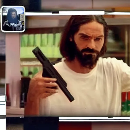 Prompt: cctv footage of jesus christ robbing a liquor store, holding a glock, caught in 4 k, realistic, news