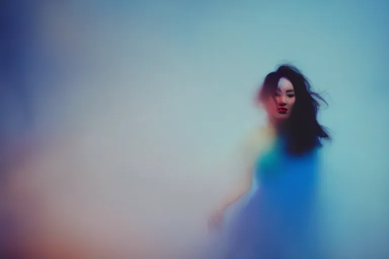 Image similar to film photography, minimalism, close up woman with bright lipstick running in the blue fog, low shutter speed, 35mm, motion blur