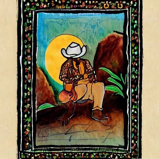 Image similar to bearded cowboy resting in oasis, persian folkore artstyle, portrait, calligraphy border