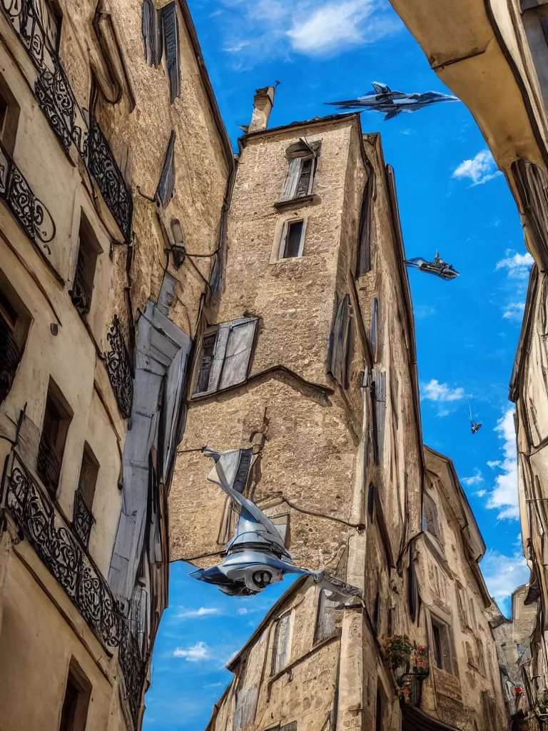 Image similar to painting, photography of a an alien spaceship over the sky in a medieval old city in france