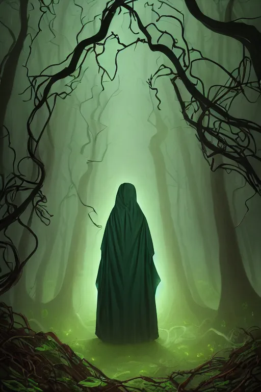 Prompt: A full body portrait of a mysterious character in a forest with no face, glowing eyes and a very long hooded dark green cloak, vines coming out the ground art by Shaddy Safadi and Jason Chan, ominous, cosmic horror, trending on artstation, Ultra detailed, hyper realistic 4k