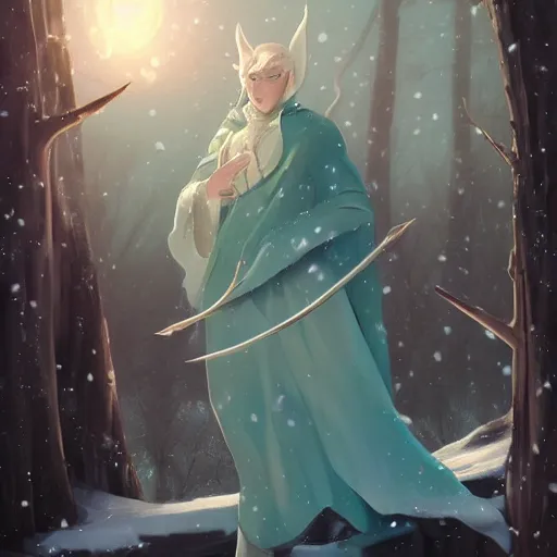 Prompt: handsome pointy - eared male snow elf in a turquoise cape as an archer, albino skin, mid - shot, moonlight snowing, ethereal opalescent mist, winter vibes, perfect face, elegant, very coherent symmetrical artwork, by wenjun lin, krenz cushart, charlie bowater, trending on artstation