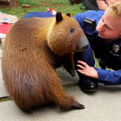 Image similar to capybara police arresting a bear