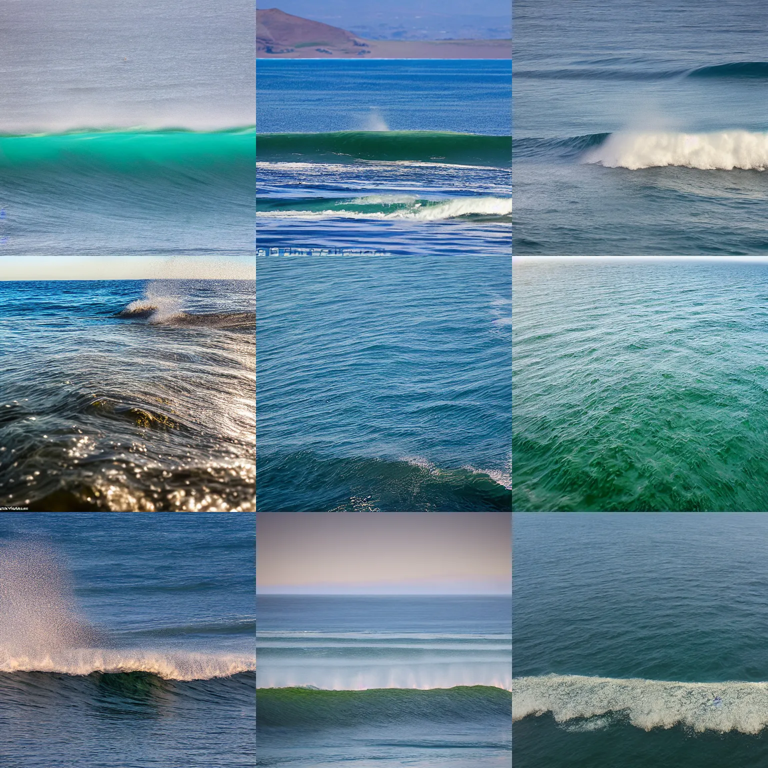 Prompt: small perfect reef point wave breaking in shallow clear water directly in front of the tilt shift camera view hollister ranch offshore winds kelp islands on horizon oil dereks on horizon late afternoon fall time central california