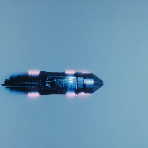 Image similar to faster than light spaceship ready to jump, cinestill colour, anamorphic, blue glow, cinematic