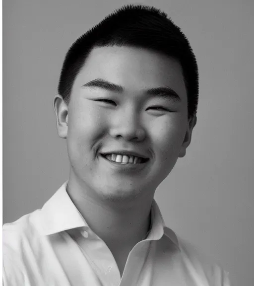 Prompt: a professional portrait of frank zhang, a 1 7 year old chinese - canadian boy with brown eyes, military cut flat top black hair, a warm smile, a chubby, round face, a chubby body, 6'3 height, archer