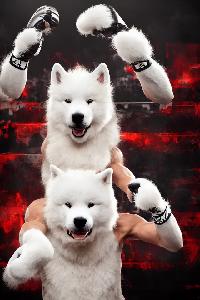 Prompt: samoyed dog head on a human body as a muay thai kickboxer, gloves on hands, Wai Kru Ram Muay, Rajadamnern Stadium, world championship fight, photorealistic, cinematic lighting, 4k