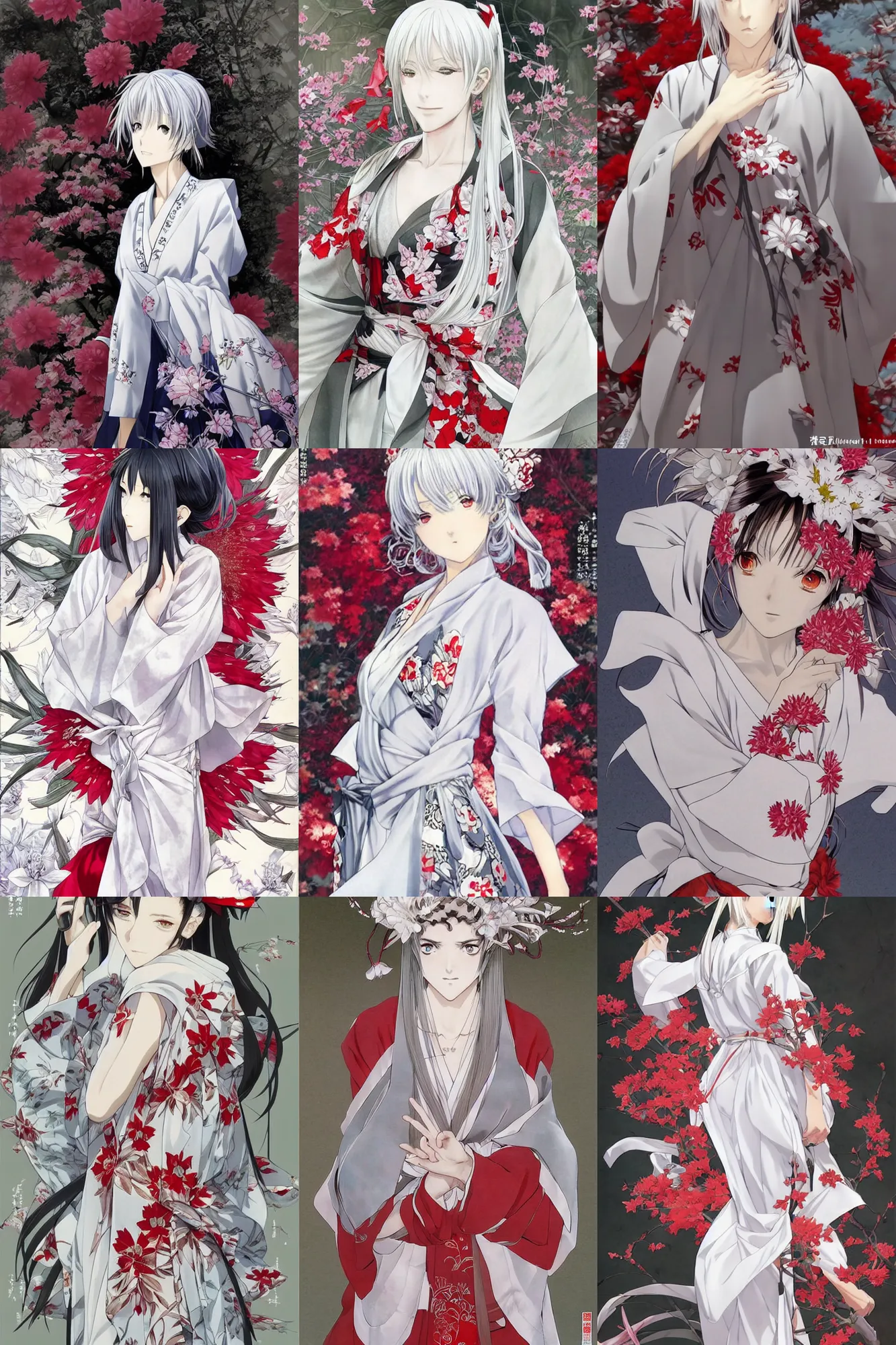 Prompt: beautiful girl, silver hair, white kimono with complex red flower patterns, full body shot, ilustration by Takehiko Inoue ((and Krenz Cushart))