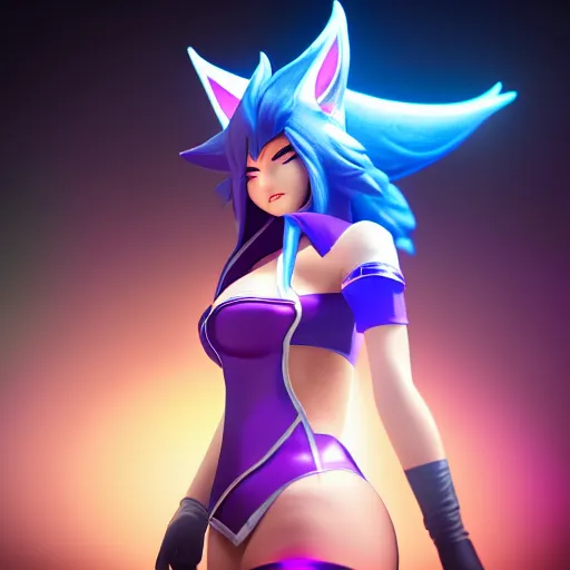 Prompt: Photo of Ahri from League of Legends, close-up, high detail, studio, fantasy, octane 3D, ominous background, sharp