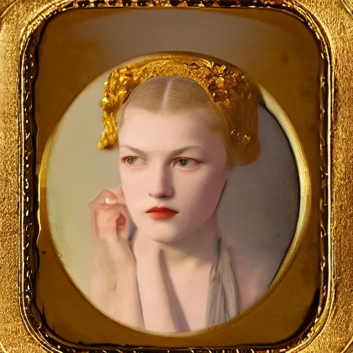 Prompt: a beautiful girl's face made of ivory and gold filigree, daguerreotype by edward hopper, by Bosch, by klimt, art noveau, highly detailed, strong lights, liminal, eerie, Bright pastel colors, octane render, 8k,