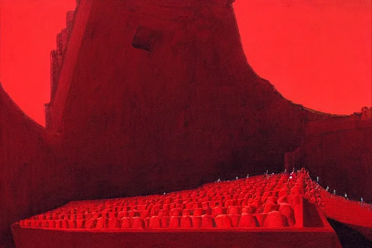 Image similar to only with red, a red melted emperor, taormina amphitheatre, crowd hails him, in the style of beksinski, parts by edward hopper, parts by rodcenko, parts by yue minjun, intricate and epic composition, red by caravaggio, insanely quality, highly detailed, masterpiece, red light, artstation, 4 k