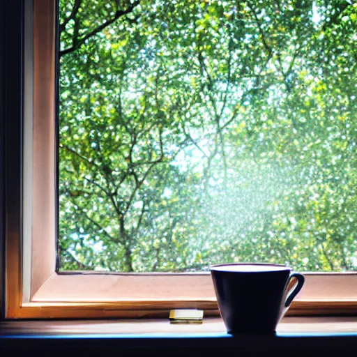 Prompt: turkish coffee on the office table, window with tree