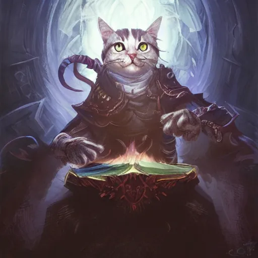 Image similar to Cat, Anthropomorphized, casting evil spell, magic the gathering artwork, D&D, fantasy, centered, symmetrical, highly detailed, artstation, concept art, sharp focus, 8k, art by Akihiko Yoshida and Greg Rutkowski and Craig Mullins, oil painting