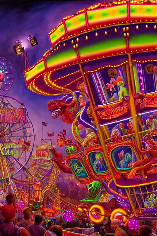 Image similar to a hyperrealistic detailed painting of an ornate carnival in town with rides, glowing lights, colorful, chimeric horror creatures riding a rollercoaster. cinematic lighting, depth perspective, depth of field, cinematic angle, by chris cunningham and richard corben, highly detailed, vivid color,