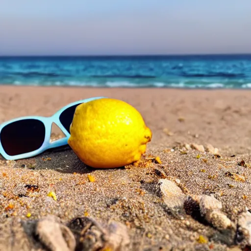 Prompt: a lemon on a beach and wearing sunglasses,4k quality