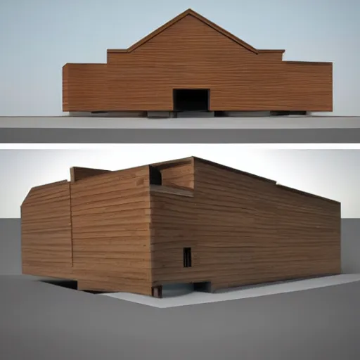 Prompt: beautiful render photorealistic le corbusier architecture in style of russian wooden church