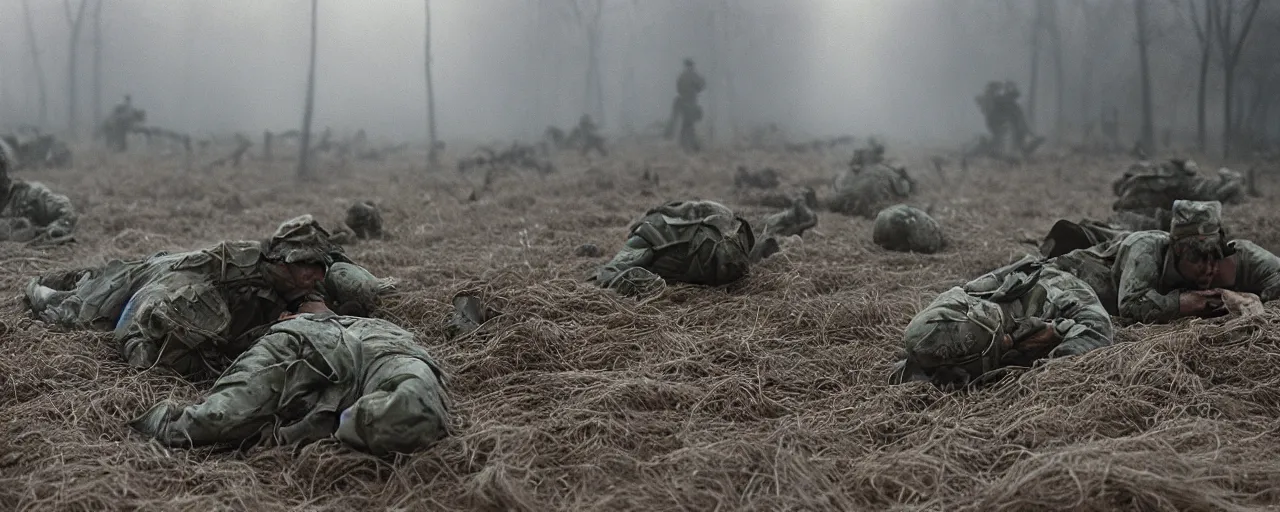 Prompt: dead soldiers on the battlefield, wrapping spaghetti, fog of war, canon 5 0 mm, high detail, intricate, cinematic lighting, photography, wes anderson, film, kodachrome