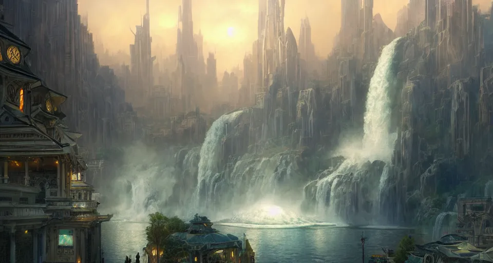 Image similar to a matte painting of beautiful religious science fiction city, with waterfalls, 8 k, cinematic lighting, hd, atmospheric, hyperdetailed, trending on artstation, deviantart, digital painting, concept art smooth sharp focus illustration, art by artgerm and paul chadeisson and greg rutkowski, sung choi and alphonse mucha