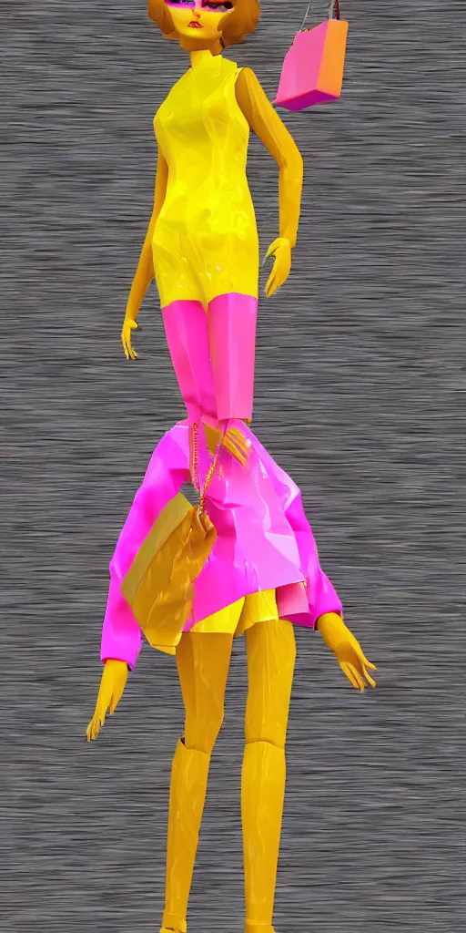 Image similar to 3d glitched malice yellow glitched legs doll carrying a pink fashion bag in a street city psx rendered early 90s net art n64