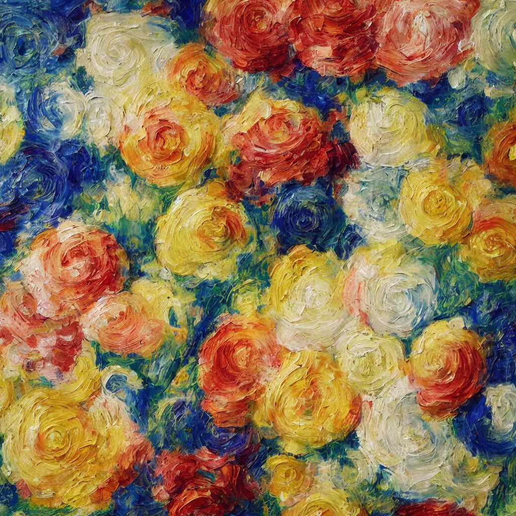 Prompt: texture of large 3d high relief petals painted in the style of the old masters, painterly, thick heavy impasto, expressive impressionist style, painted with a palette knife
