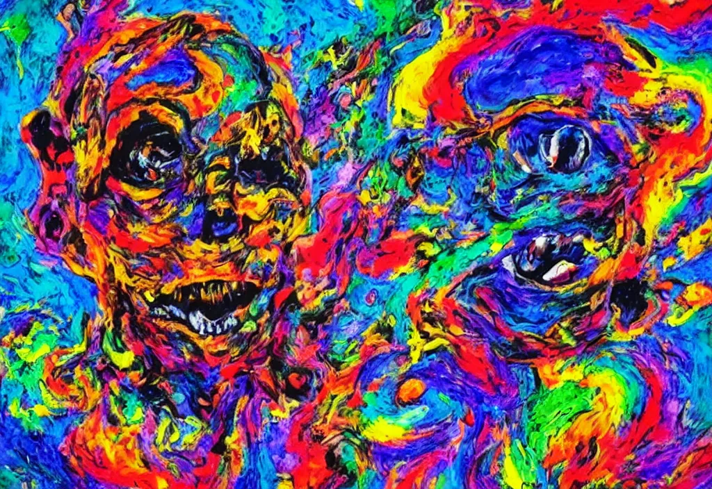 Image similar to cowering in fear from the limitless creativity monster, vividly colorful